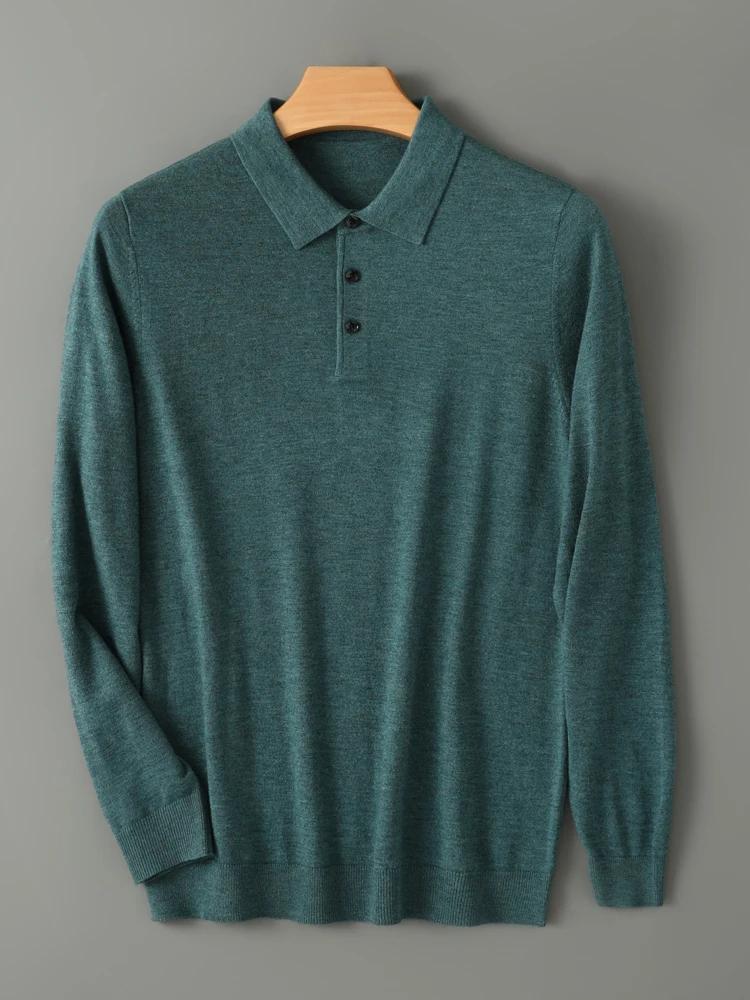 Printemps automne hommes chemise mérinos peigné laine tricoté pull à manches longues col Polo vêteme
