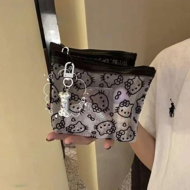 Sac à cosmétiques Kawaii Hello Kitty, style anime, sac à monnaie portable en maille, sac de rangemen