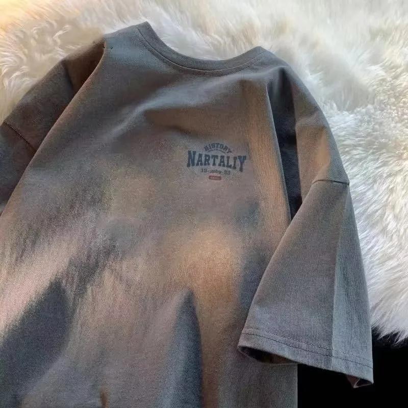 Tenue de couple polyvalente pour homme, manches courtes, col rond, imprimé lettre NAET, mode vintage