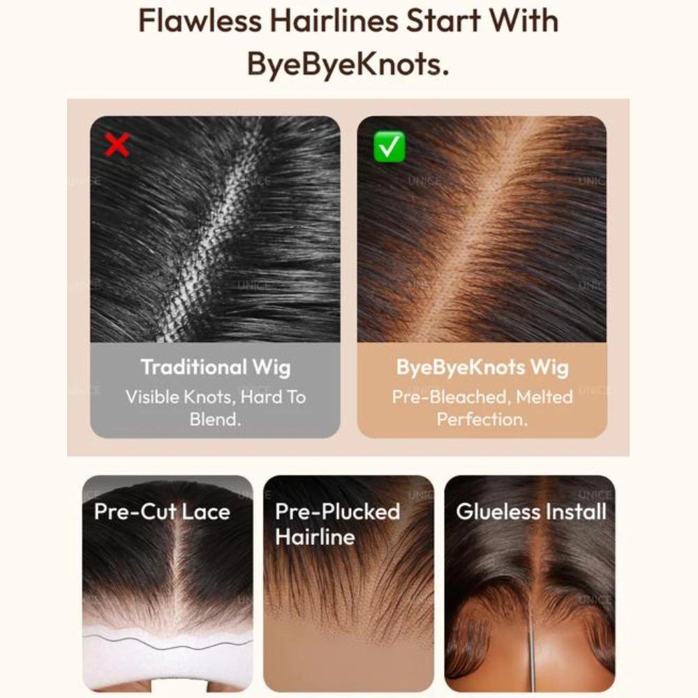 UNice 7x5 Bye-Bye Knots & 13x4 Pre Everything Perruque Lace Frontale en Cheveux Humains Blond Miel O