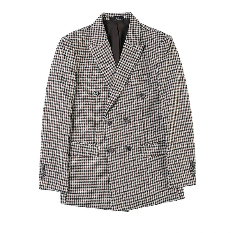 Blazer pied-de-poule de Style britannique pour hommes, coupe cintrée, à la mode, Double boutonnage,