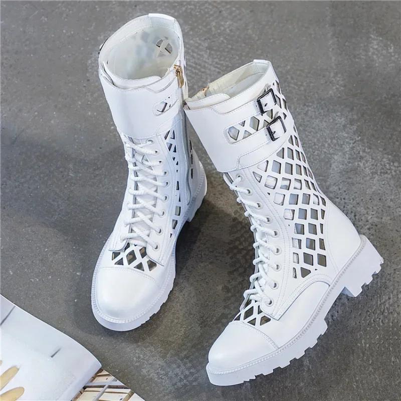 Bottes d'été en maille noire creuse pour femmes, talon moyen, grandes bottes cool, sandales européen