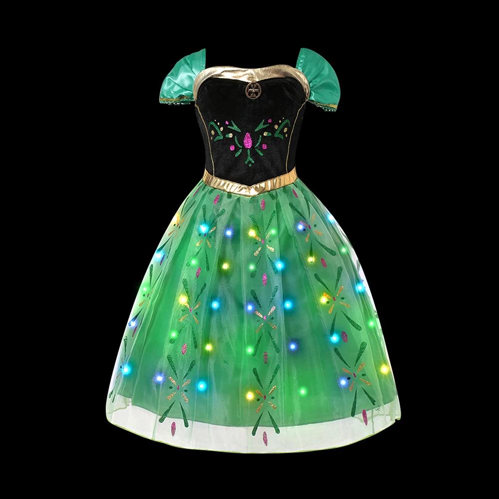Robe de princesse Elsa Anna pour filles, avec lumière LED, Costume pour enfants, vêtements de fête C