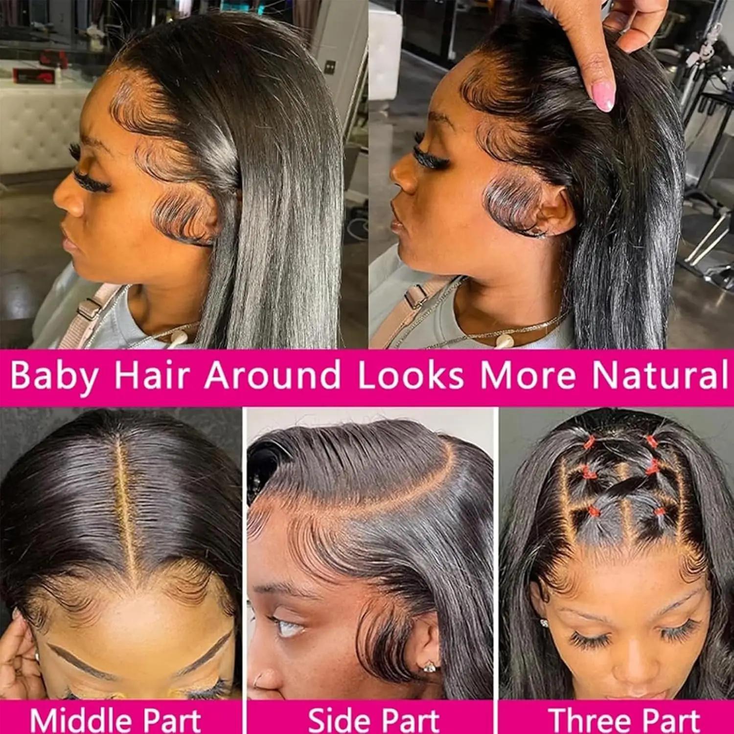 Perruque Lace Front Wig naturelle lisse, cheveux lisses, Transparent HD, 13x6, 13x4, couleur noire n