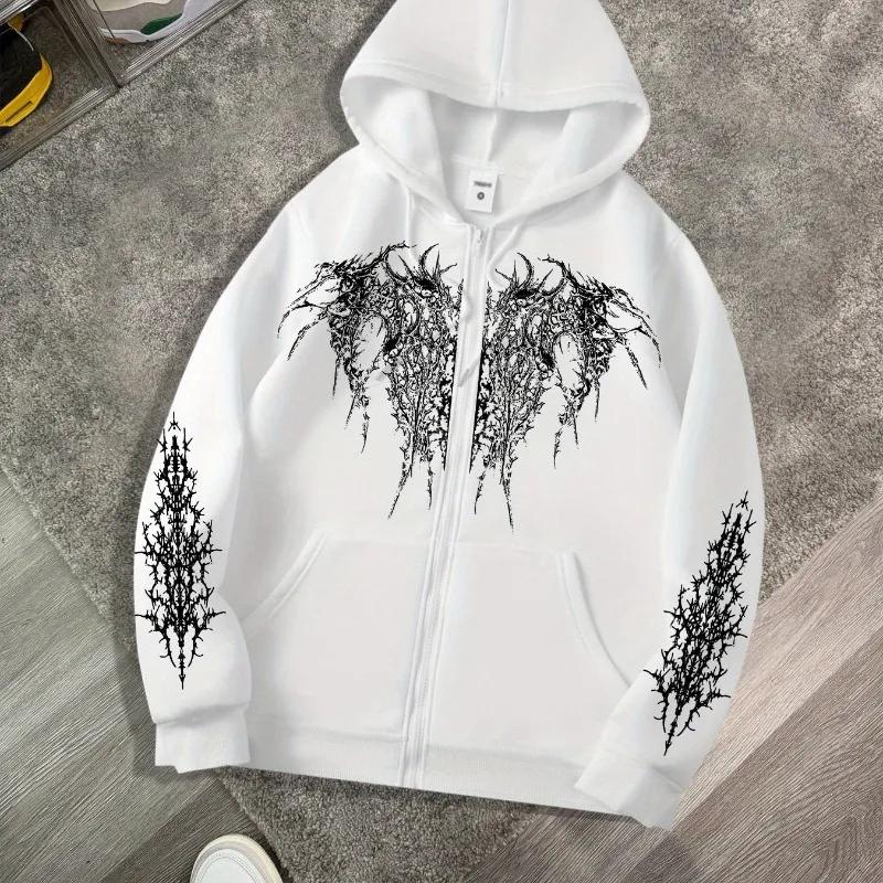 Sweat-shirt gothique imprimé foncé pour hommes, fermeture éclair, capuche, sport décontracté, veste