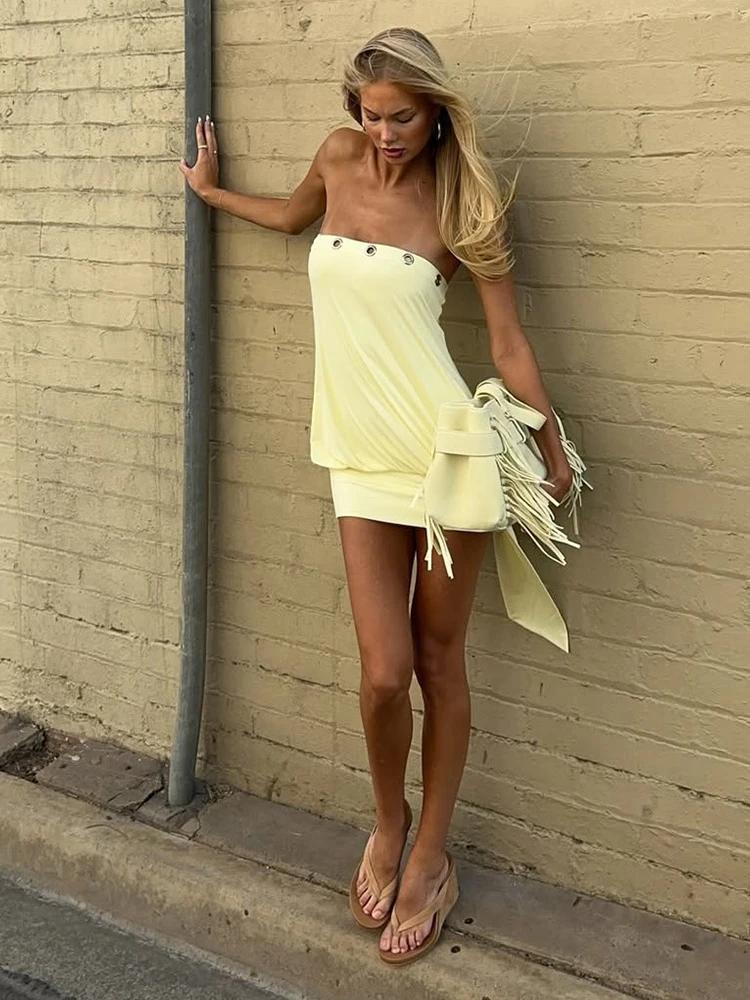 Robe Courte Sexy Kliou Sans Bretelles avec Anneau Métallique, Dos Nu, Franges, Effet Push-Up, Style