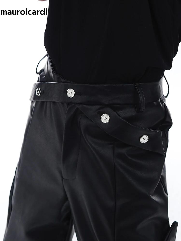 Mauroicardi printemps automne longue ample décontracté marron noir Pu cuir pantalon hommes de luxe v