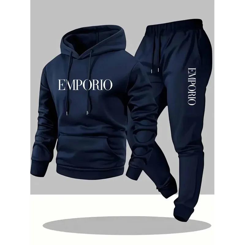 Ensemble jogging décontracté vert olive pour homme 2025 avec sweat à capuche EMPORIO imprimé et cord