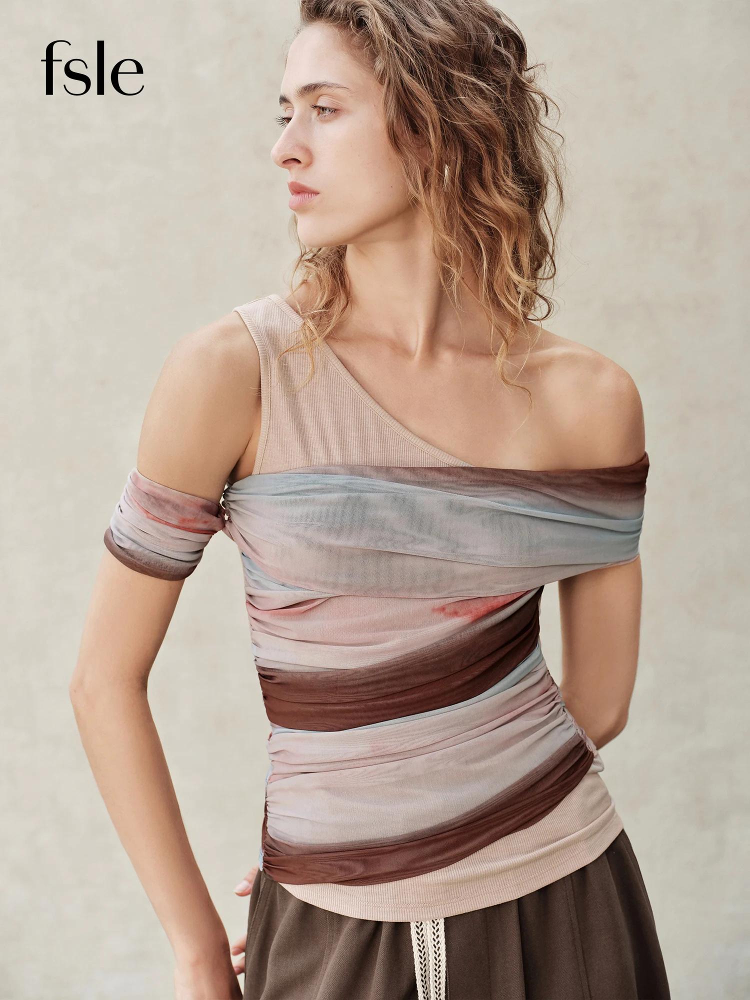 FSLE【Série Premium】T-shirt en tricot à col asymétrique et manches courtes pour femme, style rétro ét
