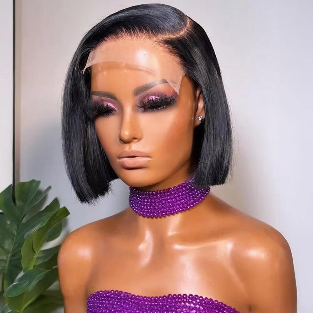Perruque courte brésilienne 13x4 HD en cheveux humains lisses avec dentelle frontale pour femmes, de