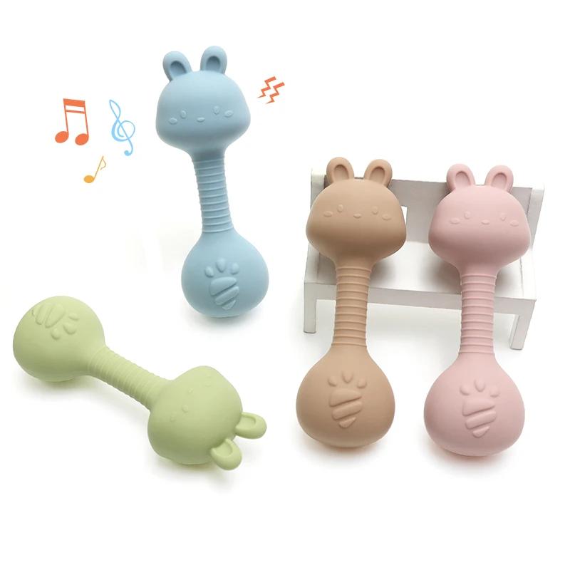 Anneau de dentition hochet en silicone pour bébé lapin de qualité alimentaire – Forme d'haltère pour