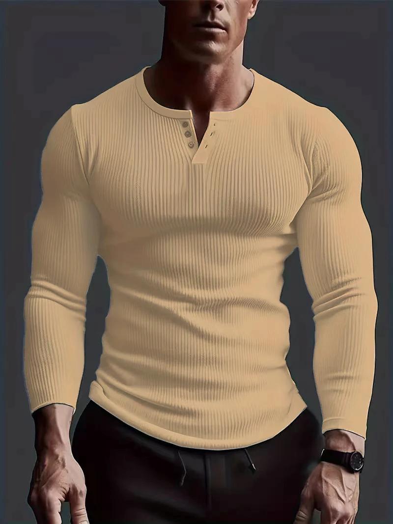 Automne hommes sans col boutonnage Henry petit haut Fitness haute Stretch Base chemise couleur unie