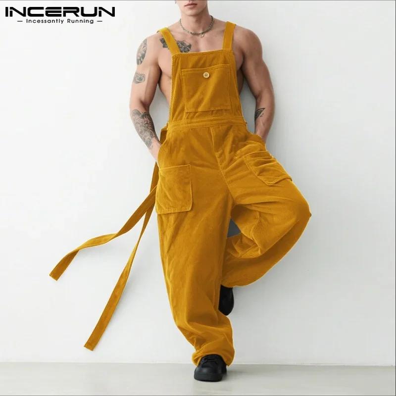 INCERUN Combinaisons pour hommes, couleur unie, style jogger, en velours côtelé, amples, décontracté
