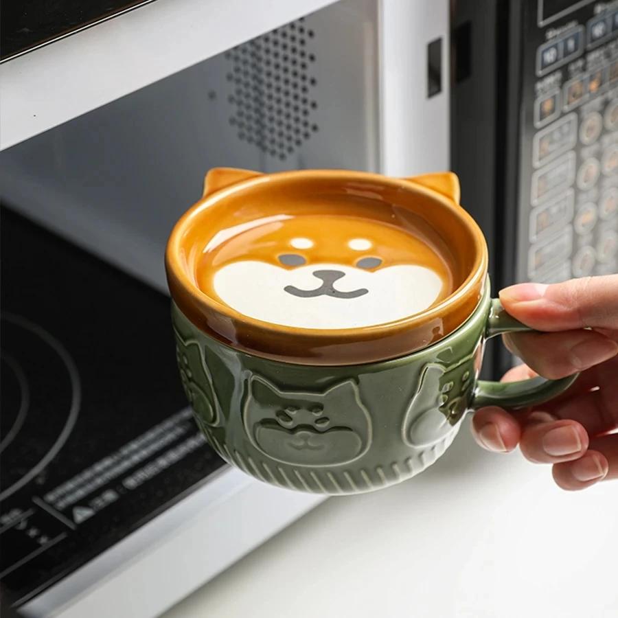 Tasse à café YWDL motif chat de dessin animé japonais avec couvercle à motif animal, petite assiette
