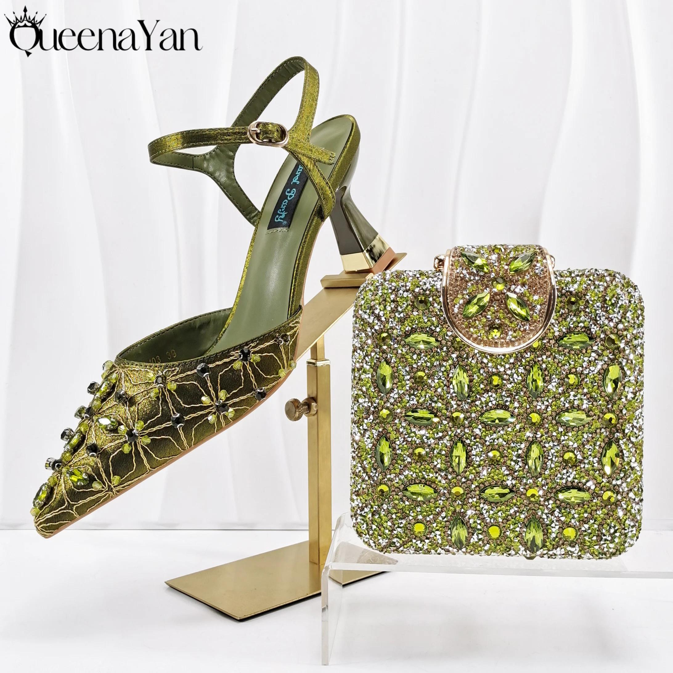 Ensemble de talons hauts et de sacs brodés pour femmes, Style Mature élégant, couleur Olive, bout po