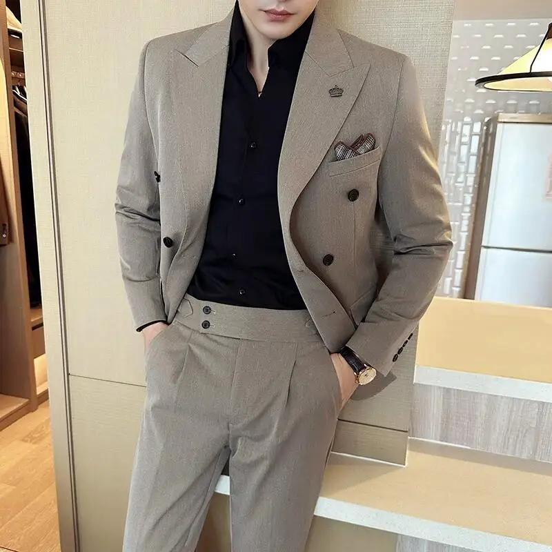 (Blazer + pantalon) mode Double boutonnage Design mince costume pour hommes Style italien de luxe ma