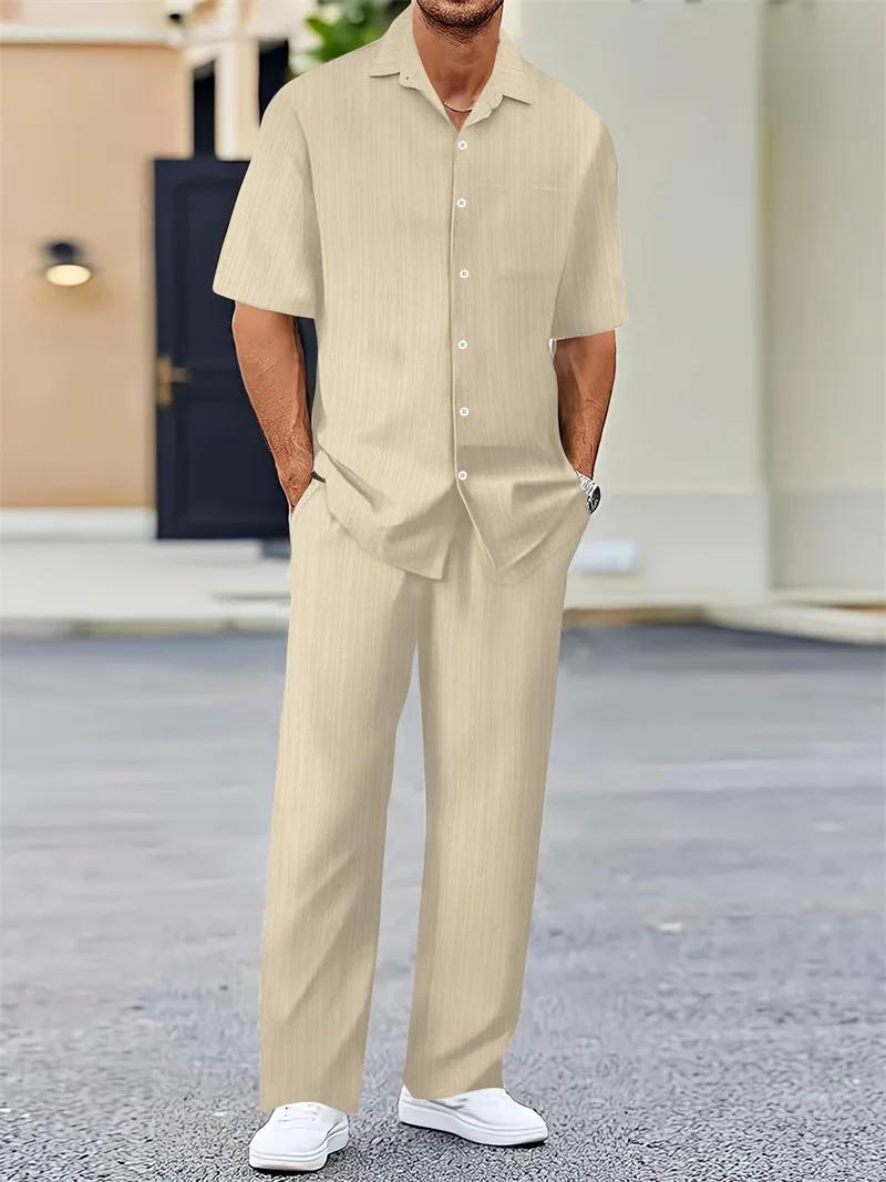 Printemps été hommes ensembles cardigan à manches courtes chemise à revers + pantalon costume hommes