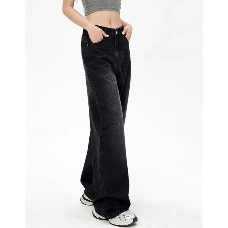 Jean taille haute rétro noir gris pour femme, pantalon en Denim à jambes droites, coupe ample, fin,