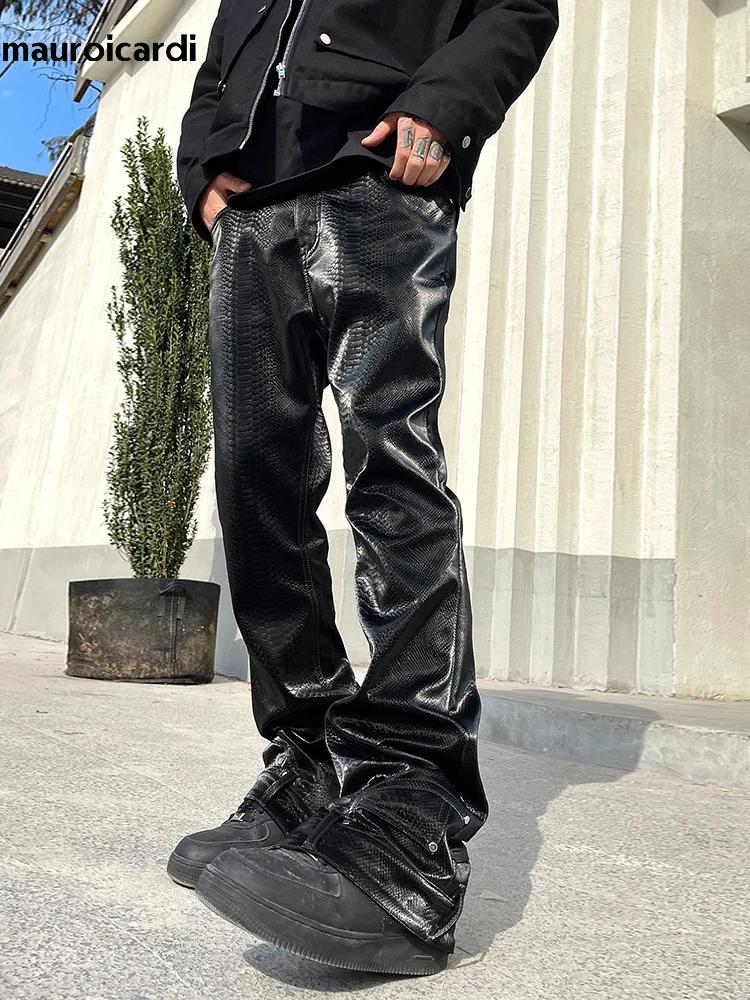 Mauroicardi printemps automne Long ample décontracté brillant peau de serpent brevet Pu cuir pantalo