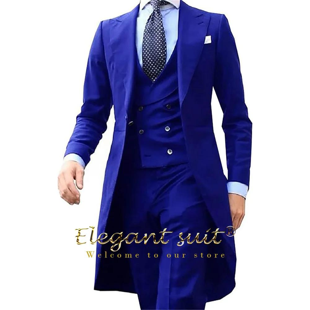 Costume 3 pièces pour hommes, manteau à longue queue bleu royal, personnalisé, mode marié, smoking,