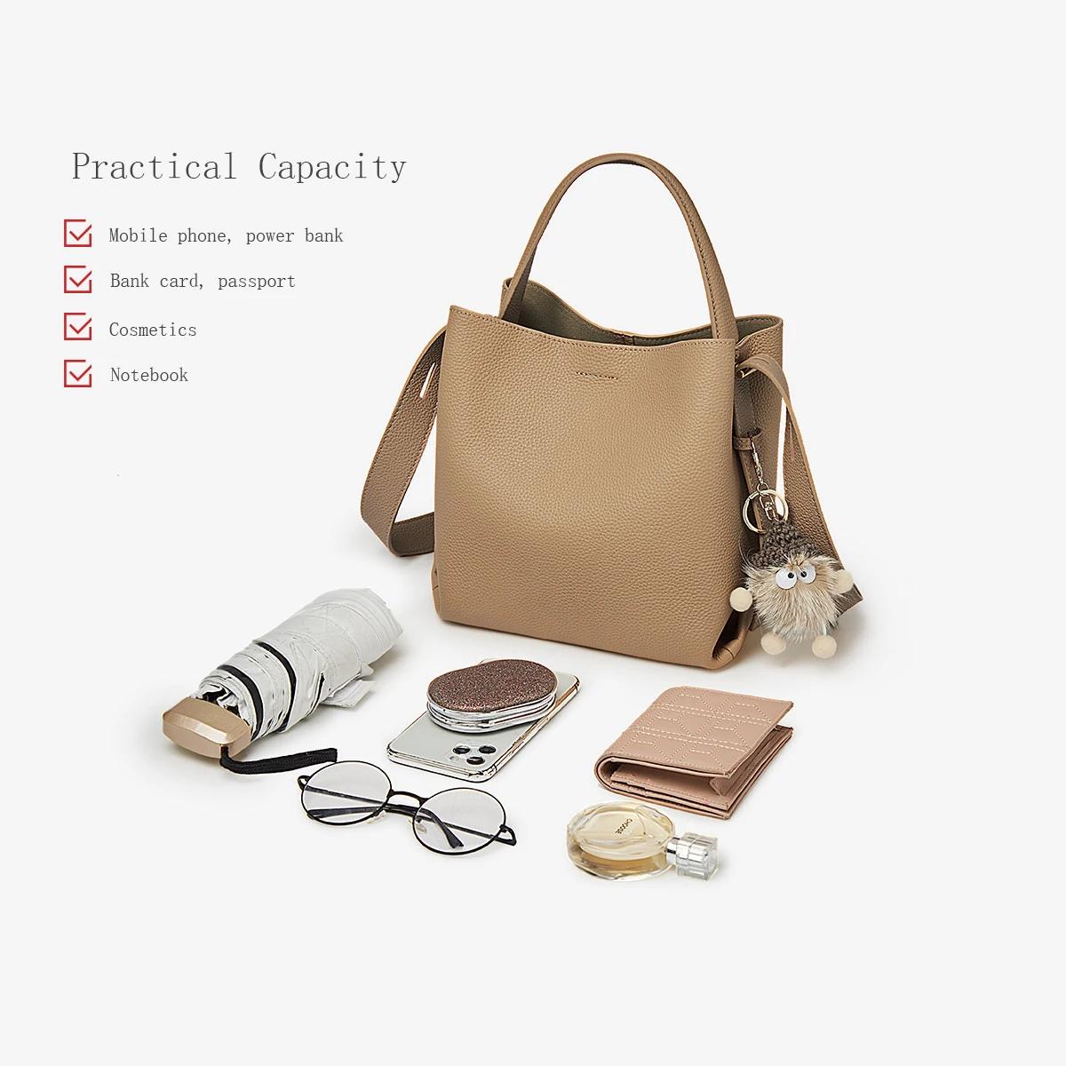 FOXER Simple en cuir véritable sac à main femmes sac à bandoulière fourre-tout sac seau grande capac