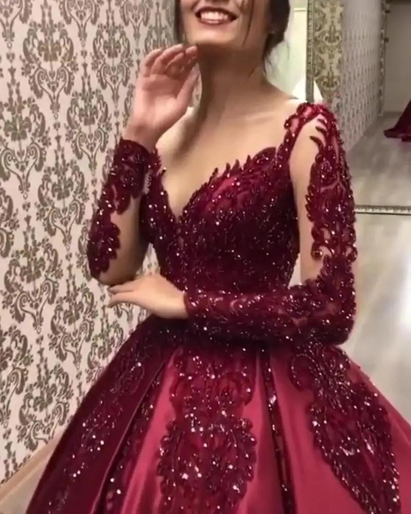 Robe de soirée élégante à manches longues et col en V pour femmes, robes de mariage, fête de fiançai