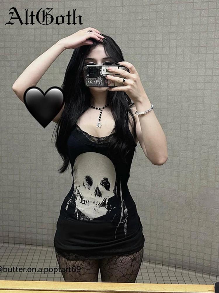 AltGoth Cyber Punk robe gothique femmes Streetwear Harajuku crâne imprimé sans manches taille haute