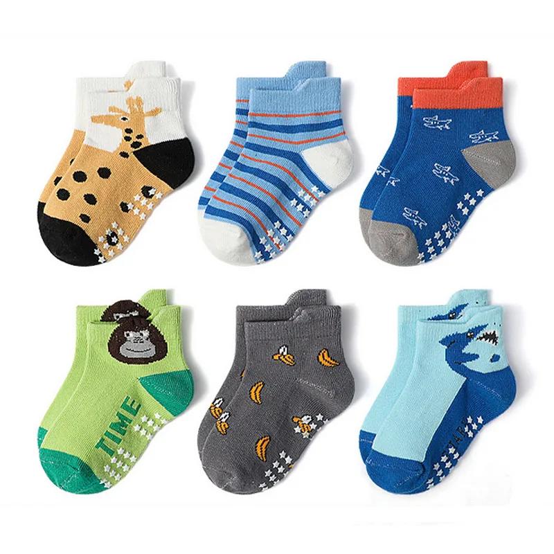 6 paires de chaussettes pour enfants, chaussettes de sol antidérapantes en coton à motif d'animaux d
