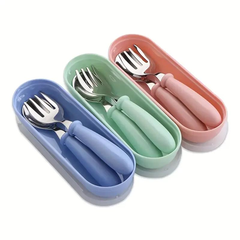 Ensemble de 2 couverts pour enfants en acier inoxydable, cuillère/fourchette, boîte adaptée aux couv