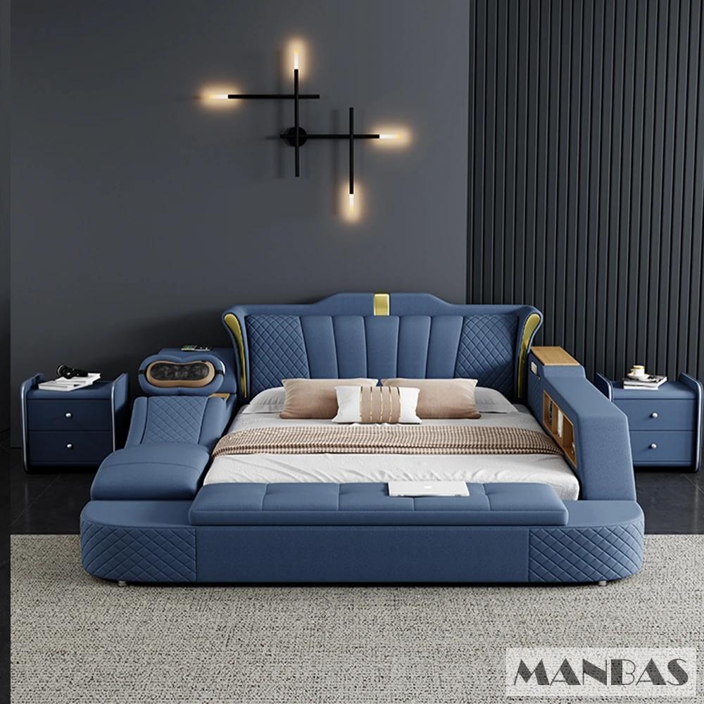 MINGDIBAO-Lit intelligent pour 2 personnes avec cadre King Size, lit Queen, cuir véritable, massage,