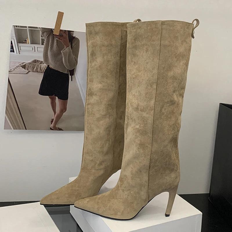 Liyke automne hiver mode mince genou bottes hautes femmes Sexy bout pointu bas talon mince chaussure