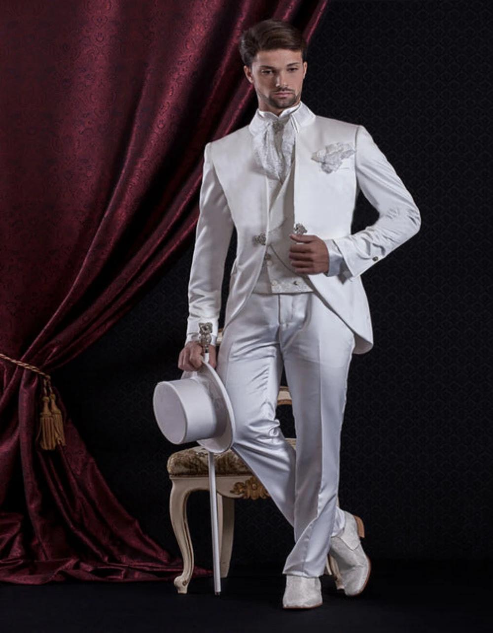 Costumes blancs vintage de style prince GroomTIME pour hommes, col montant, smokings de mariage pour