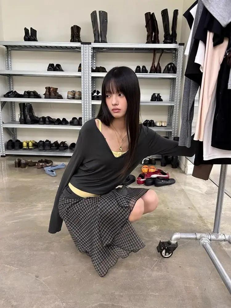 Deeptown Vintage Plaid maille jupes femmes japonais asymétrique mi jupe Y2k Harajuku à lacets jupes
