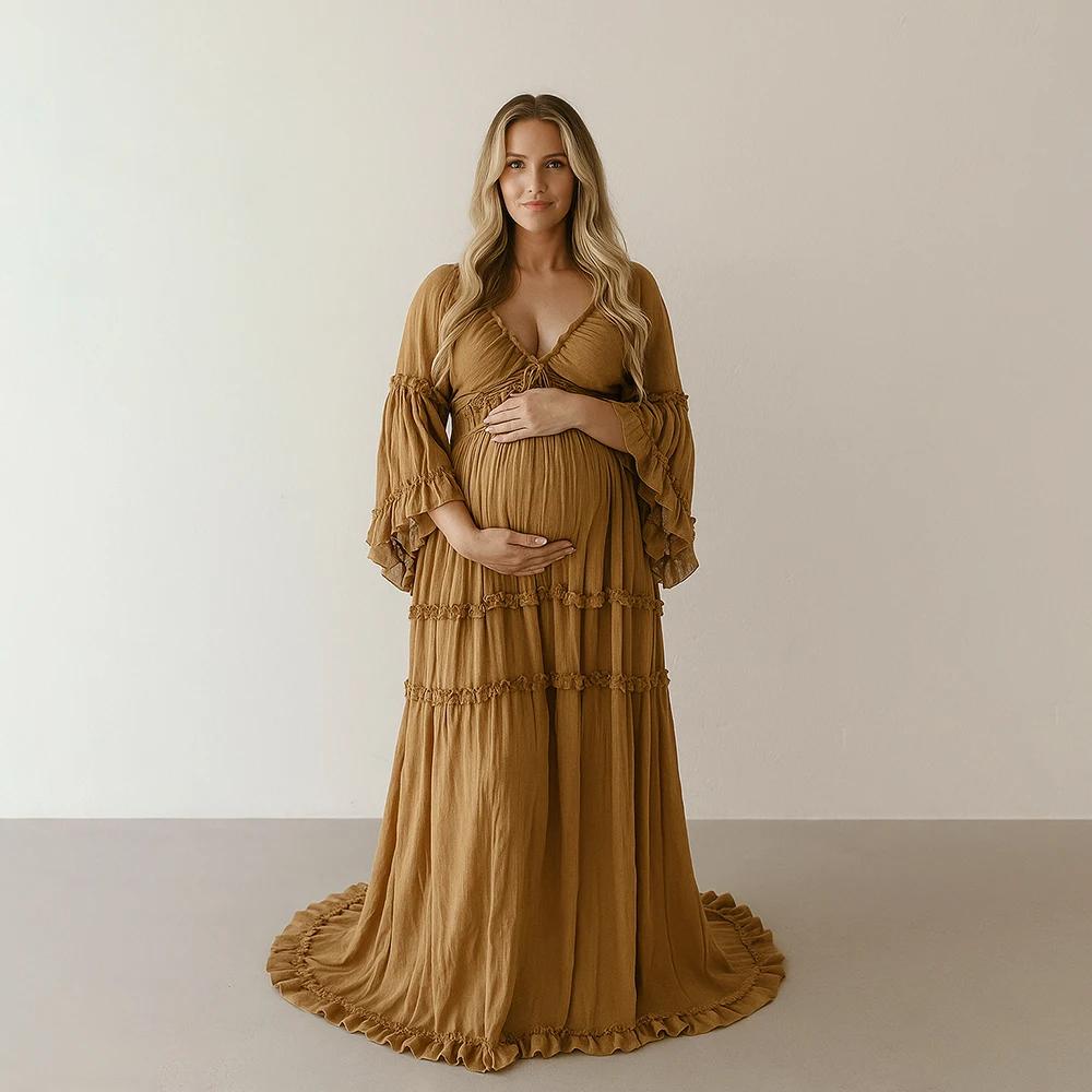 Robe de maternité fluide style Boho, manches longues, à volants, Maxi, robe de grossesse, réception-