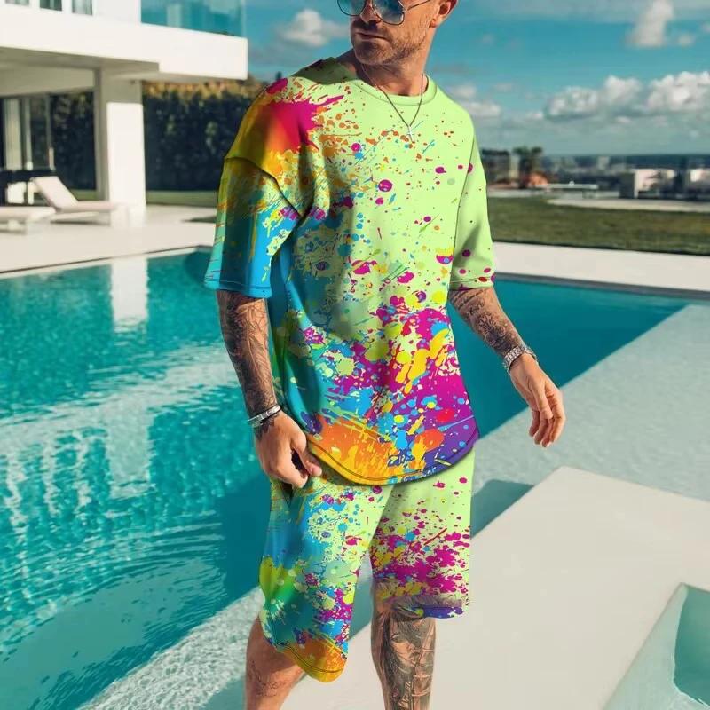 Vêtements de sport pour hommes à la mode été plage à manches courtes chemise imprimée en 3D ensemble
