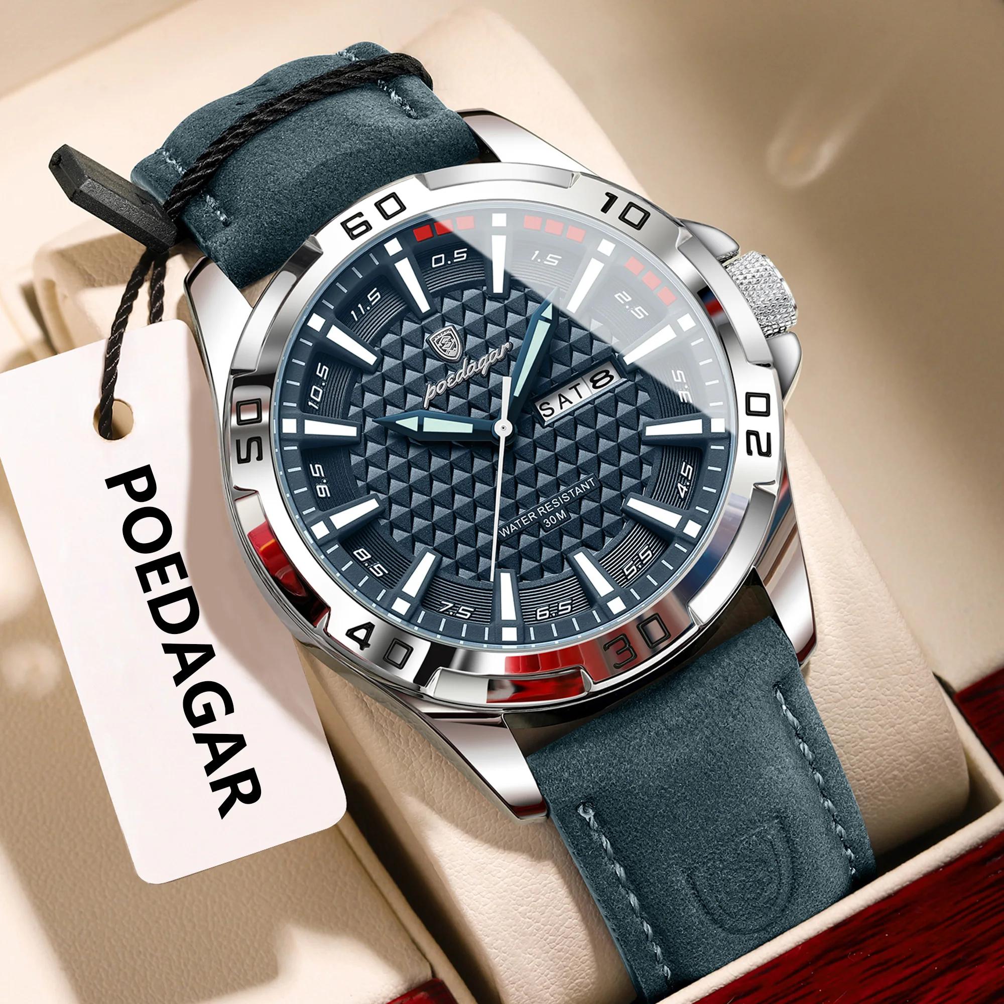 POEDAGAR Original hommes montre de luxe étanche lumineux Date semaine montre pour homme Quartz cuir