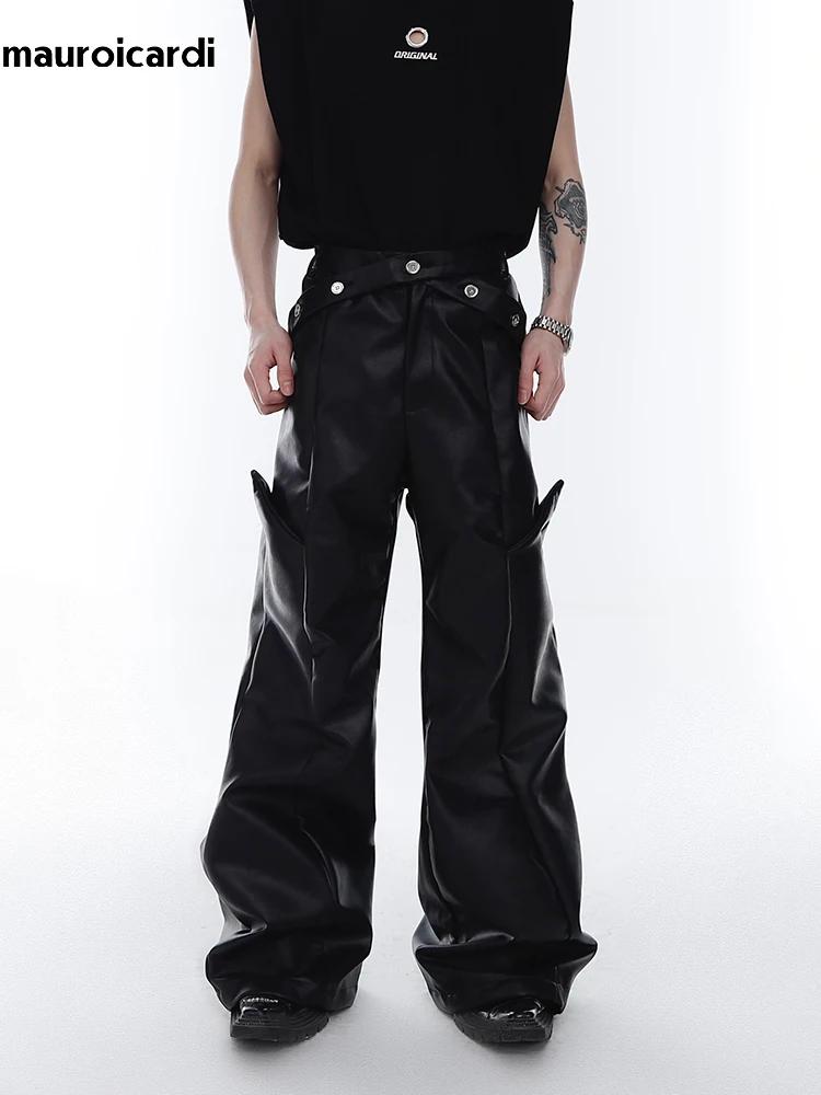 Mauroicardi printemps automne longue ample décontracté marron noir Pu cuir pantalon hommes de luxe v