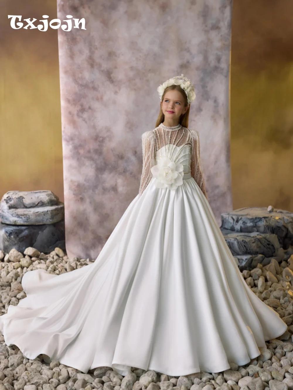 Robe de princesse longue en Satin pour filles, tenue de princesse à paillettes et perles, avec fleur