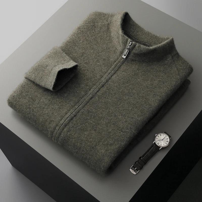 Cardigan en cachemire pur pour hommes, col mi-haut, fermeture éclair, pull décontracté, tempérament,