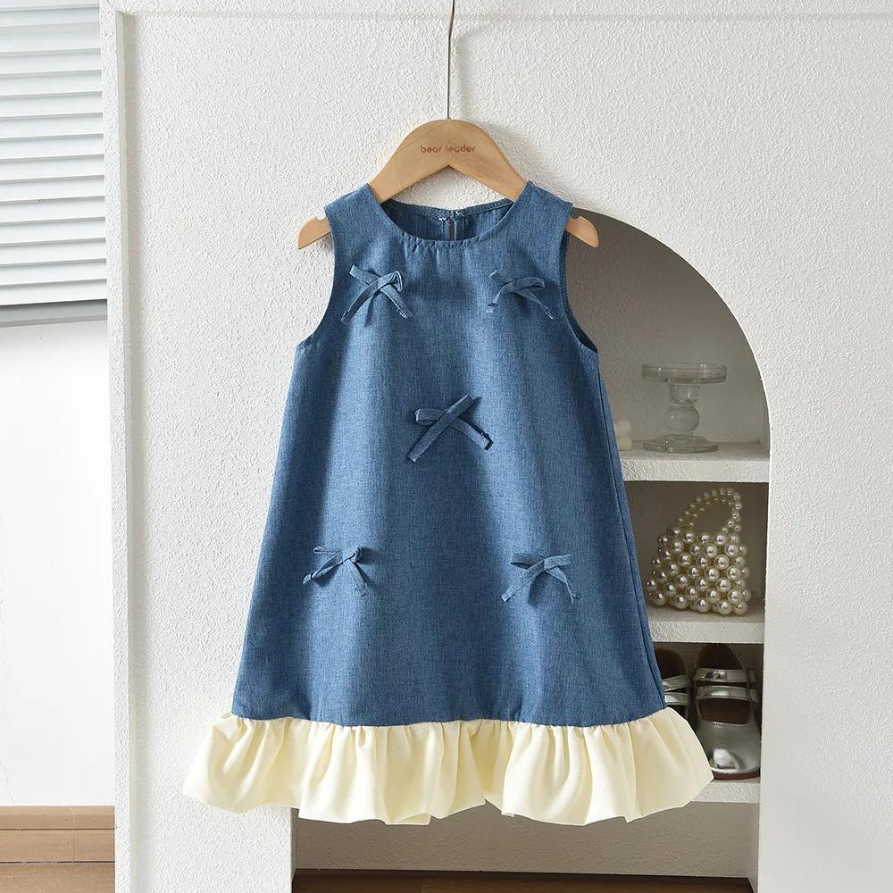 Nouvelle Robe Princesse d'Été Bleue Décontractée pour Filles, Col Rond, Sans Manches, avec Nœud et D