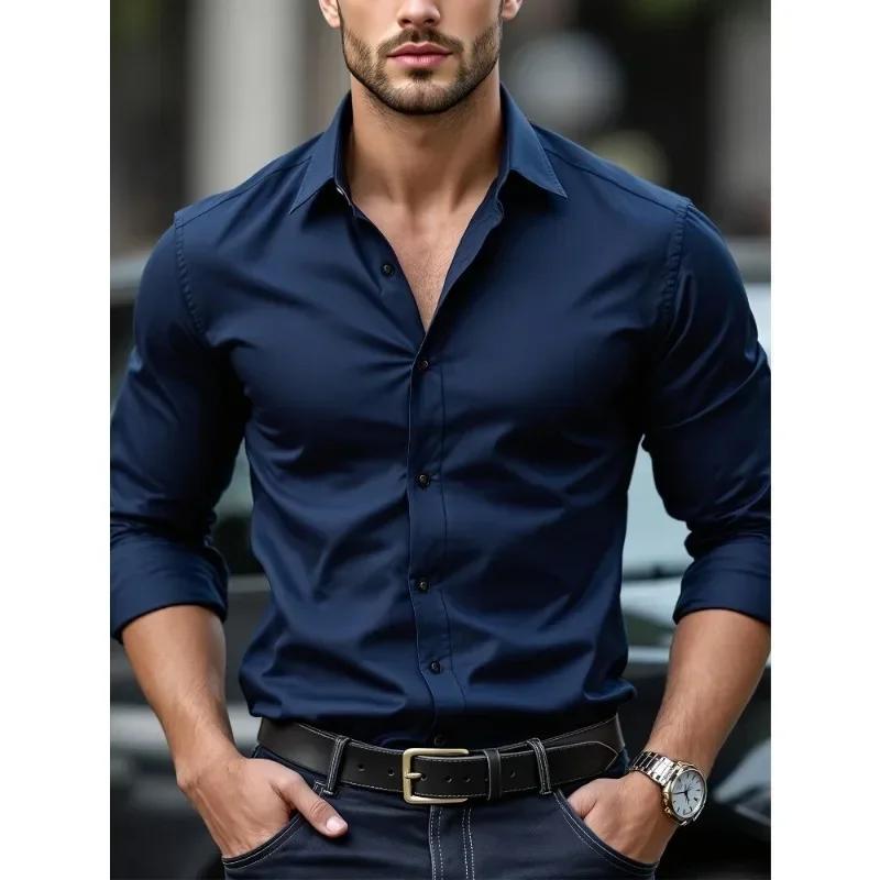 2025 chemise pour hommes flambant neuf couleur unie à manches longues intelligent décontracté quatre