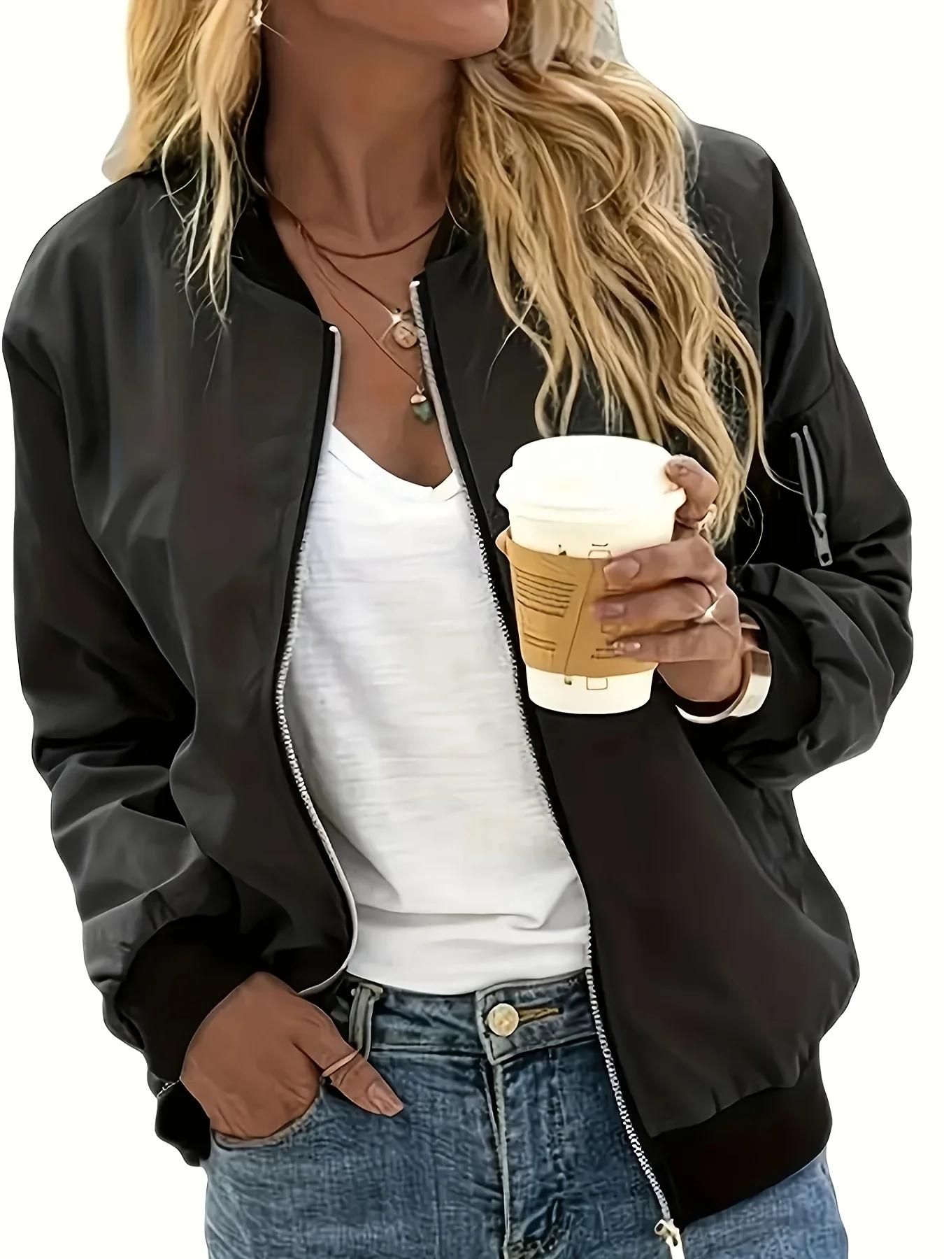 Veste bomber décontractée pour femme à manches longues avec fermeture éclair, coupe-vent léger avec