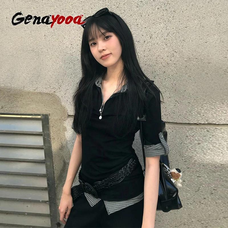 Genayooa américain rétro Patchwork chemise femmes demi manches chemises décontractées Y2k Vintage fa