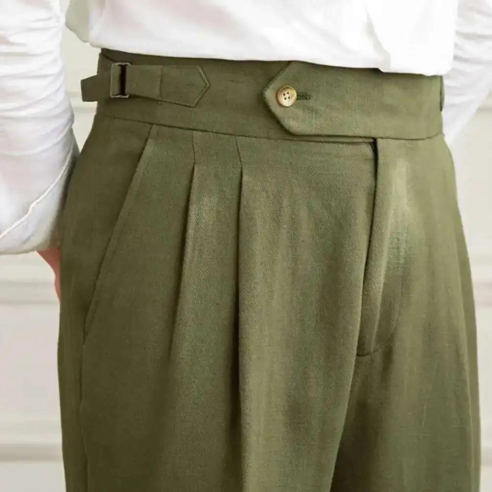 Pantalon en lin et coton taille haute pour homme, pantalon droit décontracté, pantalon plissé pour g