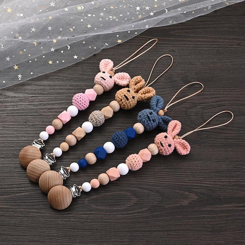 Clip de sucette en bois pour bébé, Crochet en bois, lapin, chaîne de sucette pour la dentition, joue