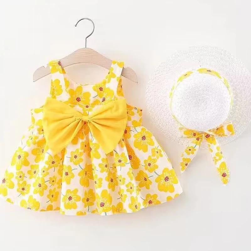 Vêtements d'été pour bébés de 0 à 3 ans, robe de princesse fleurie sans manches avec chapeau et nœud