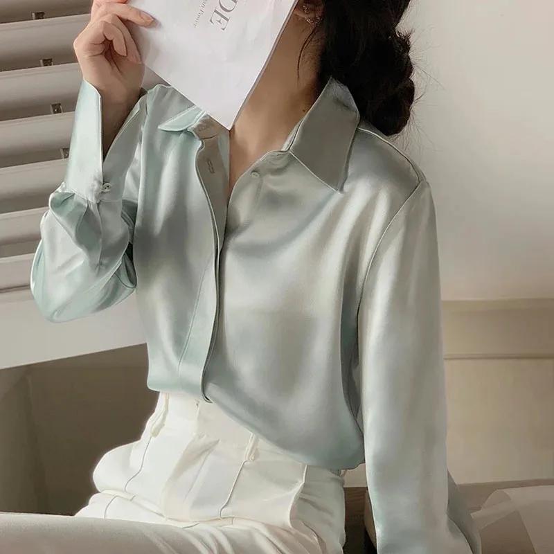 Chemisier en Satin à manches longues pour femmes, mode française, chemises de couleur unie, vêtement