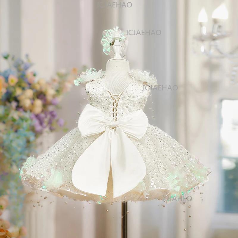 Robe de princesse élégante pour enfants, style perle et fleur, avec sequins, pour filles, idéale pou