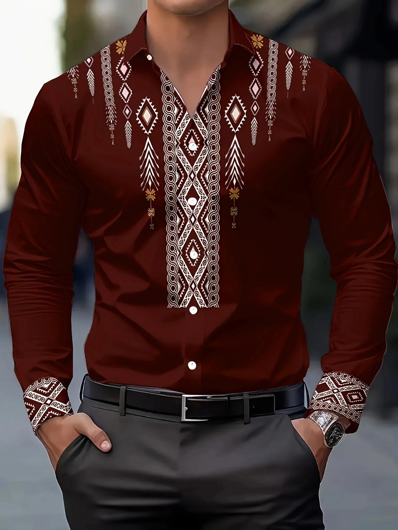 Chemise décontractée à imprimé ethnique pour hommes – Boutonnée respirante à manches longues avec mo