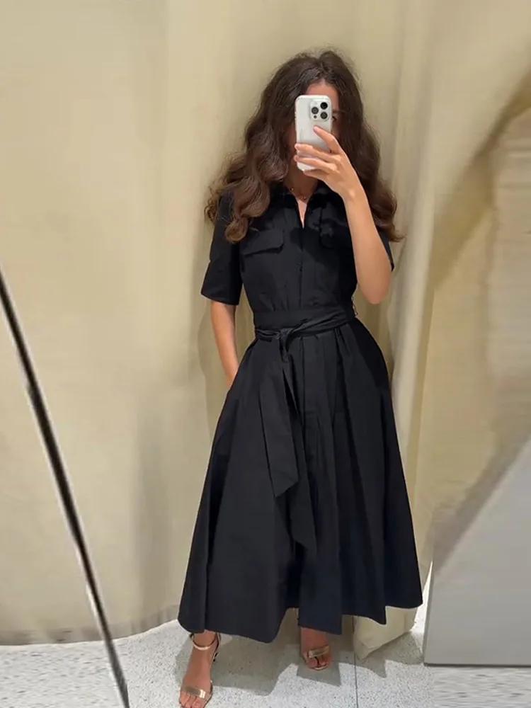 Nouvelle Robe Longue Plissée Noire Élégante pour Femme avec Ceinture, Manches Longues et Col Revers,